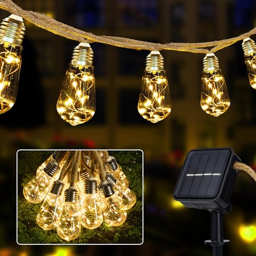 Joomer Solar Lichterkette Aussen, 16 Glühbirnen 7.5M LED Lichterkette Außen Solar Wetterfest 8 Modi Vintage Hanfseil Outdoor Lichterkette Warmweiß für Garten Hochzeit Party Balkon Pavilion von Joomer