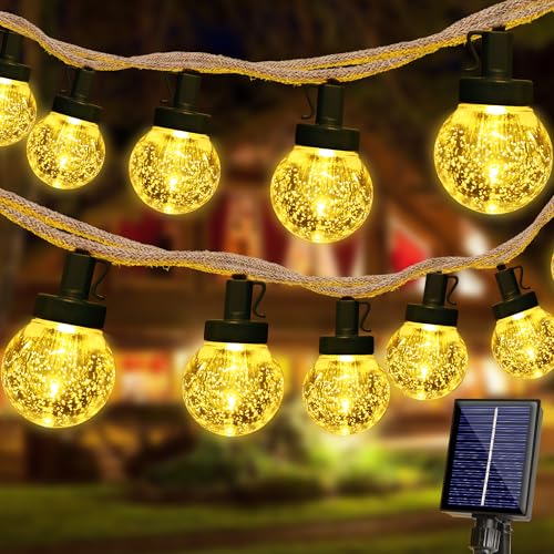 Joomer Solar Lichterkette Aussen, 11M LED Solar Lichterkette Außen Wetterfest 8 Modi Vintage Hanfseil Kristall Kugeln Outdoor Lichterkette Warmweiß für Garten Party Hochzeit Pavilion Balkon von Joomer