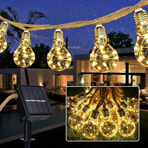 Joomer Solar Lichterkette Aussen 7.5M 16 Glühbirnen LED Solar Lichterkette Außen Wetterfest Gartenleuchte 8 Modi Vintage Warmweiß Outdoor Hanfseil Lichterkette für Party Balkon Hochzeit Pavilion von Joomer