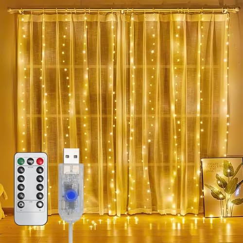 Joparri Lichtervorhang 300leds 3x6m Lichterketten Vorhang 1x innen fenster 8 Modi mit Timer, Wasserdichte LED Weihnachtslicht Fenster Innen Außen Deko, Zimmer, Hochzeit, Warmweiß von Joparri