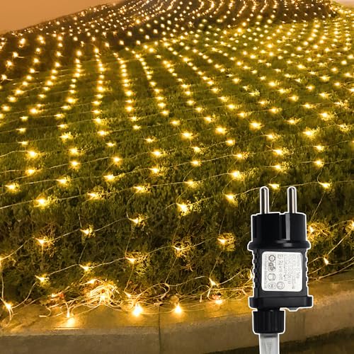 Jopassy 1,5x1,5m 96 LED Lichternetz Außen Lichterkette Netz Outdoor Lichterkette Netzlicht Dekorative Lichterketten Weihnachtslichter Außenlichterkette mit 8 Modi IP44 Wasserdicht, Warmweiß von Jopassy