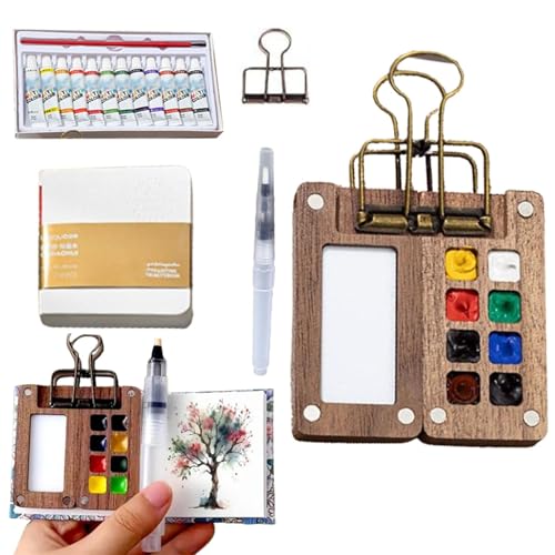 PocketArtist Reise-Set, PocketArtist Aquarell-Reise-Set, tragbares Mini-Aquarell-Paletten-Set, Holzgitter, Farbkasten, Aquarell-Skizzenbuch mit Clips für Maler, Künstler, Studenten (8 Fächer) von Jopiwei