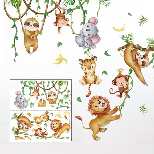 2 Stück Wandtattoo Dschungel, Löwe Affen Koala Tiere Wandsticker, Tiere Reben Wandaufkleber für Jungen Mädchen Babyzimmer Schlafzimmer Wanddeko von Jormftte