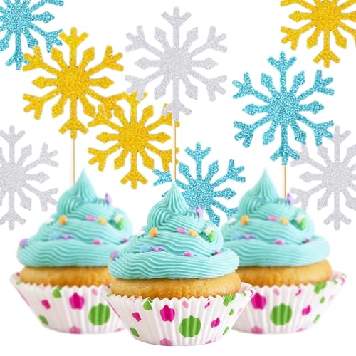 30 Stück Schneeflocke Dekoration für Kuchen, 2.16 x 4.72 zoll (5.5 x 12cm) Cupcake Topper, Papier Frozen Glitter Geburtstagsdek, Tortendeko, Geeignet für Kuchen, Cupcakes, Muffins, Partys von Jormftte