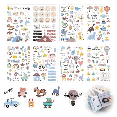 4 Stück 212 Stickers Babyalbum, Selbstklebende Sticker Baby, DIY Scrapbooking Aufkleber, Baby Sticker für Fotoalbum Kalender Scrapbook Party Deko (Blaues Thema) von Jormftte