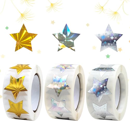 Jortmrd 1500 Stück Aufkleber Sterne Sticker Glitzer Gold und Silber Klebesterne Glitzersterne Funkelnde Sternaufkleber für Kinderbelohnung Weihnachten Geburtstag Party (25 mm, 3 Stile) von Jortmrd