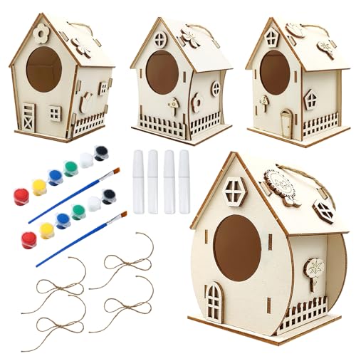 Jortmrd 4 Stück Vogelhaus Bausatz Kinder Vogelhäuschen Holz Vogelhaus Puzzle zum Selber Bauen und Bemalen DIY Bird House Construction Kit mit Farben und Pinsel für Mädchen Jungen von Jortmrd