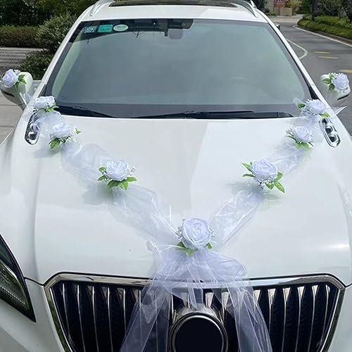 Jortmrd Autoschmuck Hochzeit Motorhaube Blumenschmuck Auto Hochzeitsdeko Braut Paar Rose Autodeko Car Wedding Girlande für Hochzeitsauto Deko (Weiß) von Jortmrd