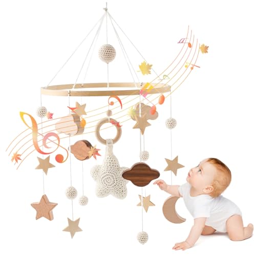 Babybett-Mobile Mobile für die Krippe Sterne Wolken Mond Baby-Mobile mit knackigem Sound handgehäkelte Kinderzimmer-Mobiles aus Holz Boho-Kinderbett-Spielzeug zum Aufhängen für Jungen und Mädchen von Jorzer