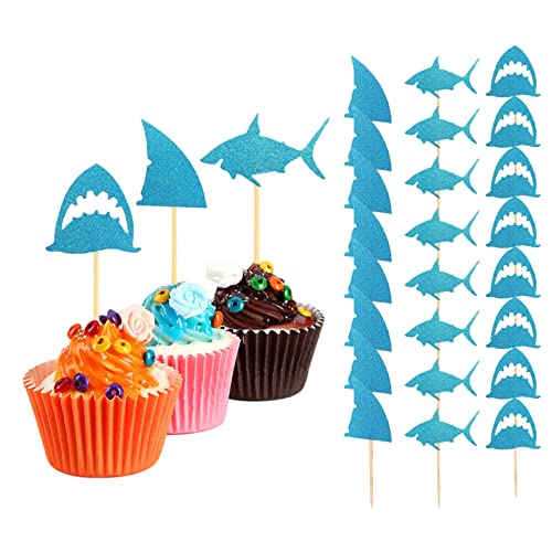 Haifischkuchen Topper Babyparty Kuchen Topper Glitzer Haifisch Flosse Cupcake Picks Pool Party Lieferungen Babyparty Geburtstagsdekorationen Blau 24pcs von Jorzer