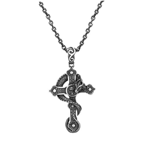 Jorzer Herren-Halskette mit gotischem Drachen-Totenkopf-Kreuz-Anhänger Retro-Edelstahl-Halskette Biker-Anhänger aus altem Silber geschnitzter Gebetsanhänger aus Edelstahl mit 2-teiliger Kette von Jorzer