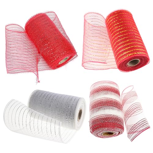 Weihnachts -Deco Mesh 4 Rollen 10 Yard Langes Mesh Ribbon Metallic Folie gestreiftes Poly -Sackleinen Mesh Cuttable Deco Mesh Ribbon für Halloween -Kränze Swags Party Home Decor von Jorzer