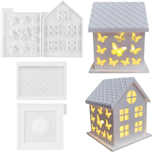 Joselin 1 Set 3D-Haus-Silikonformen für Kunstharzbeton, Schmetterlingshaus, Kerzenhalter-Form, Hausförmige Dekorationsornamente von Joselin