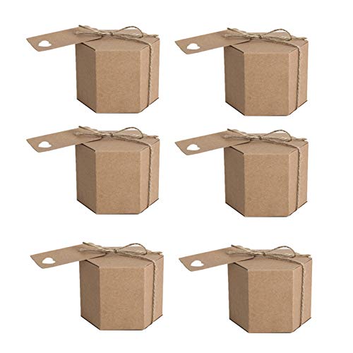 Josenidny 50 Stücke Kraft Papier Süßigkeiten Box, Sechskant Karton Süßigkeiten Box Geschenk Box, mit Schnur und Etikett, Hochzeits Feier Zubehör von Josenidny