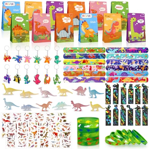 Jostift 96 Pcs Dinosaurier Party Mitgebsel Kindergeburtstag, Dino Geburtstag Deko Dino Deko Kindergeburtstag mit Dino Schlüsselanhänger Schnapparmband Geschenktüte Mini Dinos Figuren von Jostift