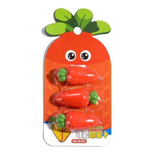 2 x kreative Frucht-Karotten-Radiergummis, Stand-Up-Karte, Verpackung, koreanische Edition, Gummi-Radiergummi, Karotten-Radiergummi, Set mit 3 Stück, Orange / Rot von Joucien