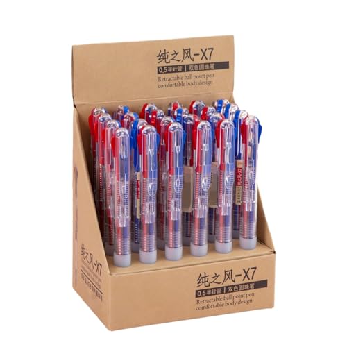 Joucien 24 Stück/Box, 0,5 mm, zweifarbiger Druck-Kugelschreiber, einfacher und transparenter Kugelschreiber mit roter und blauer Tinte, zweifarbiger Kugelschreiber von Joucien