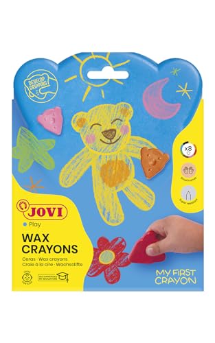 Jovi Wachsmalstifte L'ours Magique, Bärengesicht Form, geruchlos, leicht auswaschbar, bruchsicher, Schachtel mit 8 Farben von Jovi