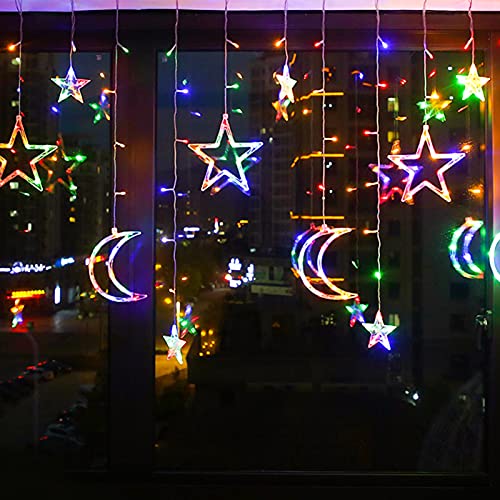 JoyFan Solarbetriebene LED-Vorhang Leuchten LED Lichterketten Star Moon LED Vorhang Lichter Girlande Hochzeit Dekorationen für Ramadan, Weihnachten, Hochzeit, Party, Zuhause, Terrasse, Rasen von JoyFan