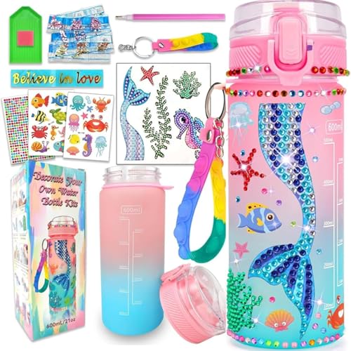 JoyJoyful Mädchen Geschenke 5 6 7 8 9 10 Jahre, DIY Trinkflasche Kinder Wasserflasche Basteln 5-12 Jahre, Diamond Painting Kinder mit Glitzer Diamant Aufklebern von JoyJoyful