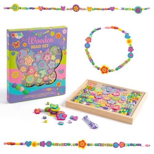 Joya Creative 142-Teiligen Holzperlen Set zum Auffädeln - Schmuck Basteln Kinder Kit, Perlen Set Kinder ab 3 - Ketten Basteln Mädchen ab 3 - Bunte Holzperlen Kinder - Perlen Set ab 4 Jahre von Joya Creative