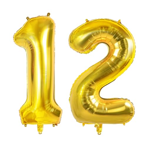 Luftballons Zahl 12 für 12 Geburtstag Party Dekorationen, 0-100 Große Nr. 12 Luftballons für Mädchen Jungen und Tochter Sohn, 40 Zoll Goldfolie Helium Ballons für 12 Jahre Alt Jubiläumsdekorationen von Joycard