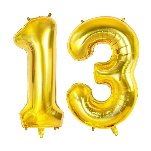 Luftballons Zahl 13 für 13 Geburtstag Party Dekorationen, 0-100 Große Nr. 13 Luftballons für Mädchen Jungen und Tochter Sohn, 40 Zoll Goldfolie Helium Ballons für 13 Jahre Alt Jubiläumsdekorationen von Joycard