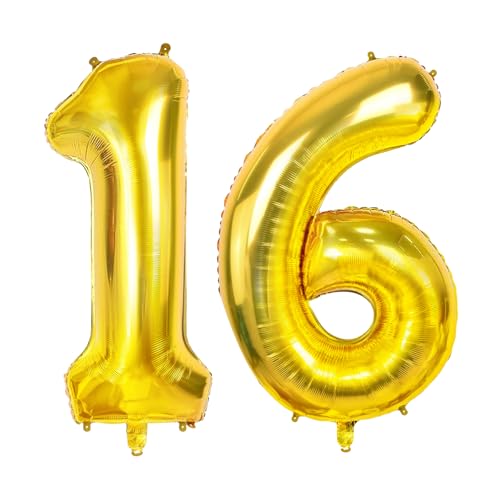 Luftballons Zahl 16 für 16 Geburtstag Party Dekorationen, 0-100 Große Nr. 16 Luftballons für Mädchen Jungen und Tochter Sohn, 40 Zoll Goldfolie Helium Ballons für 16 Jahre Alt Jubiläumsdekorationen von Joycard