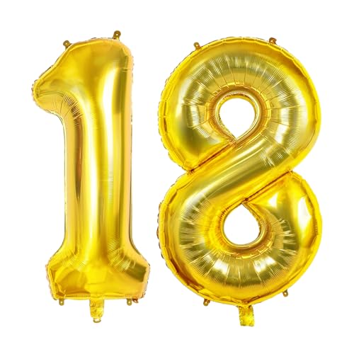 Luftballons Zahl 18 für 18 Geburtstag Party Dekorationen, 0-100 Große Nr. 18 Luftballons für Mädchen Jungen und Tochter Sohn, 40 Zoll Goldfolie Helium Ballons für 18 Jahre Alt Jubiläumsdekorationen von Joycard