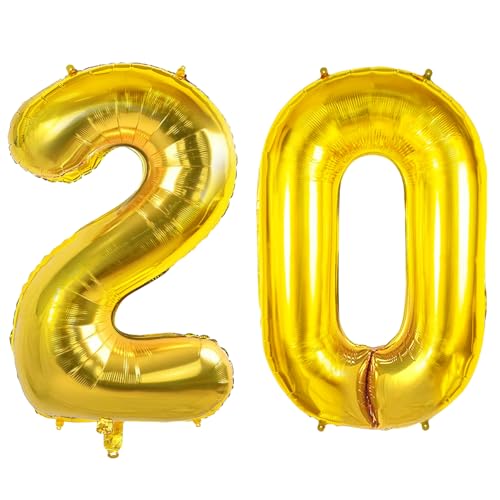 Luftballons Zahl 20 für 20 Geburtstag Party Dekorationen, 0-100 große Nr. 20 Luftballons für Sie Ihn und Tochter Sohn, 40 Zoll Goldfolie Helium Ballons für 20 Jahre alte Jubiläumsdekorationen von Joycard