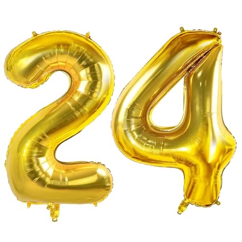 Luftballons Zahl 24 für 24 Geburtstag Party Dekorationen, 0-100 große Nr. 24 Luftballons für Sie Ihn und Tochter Sohn, 40 Zoll Goldfolie Helium Ballons für 24 Jahre alte Jubiläumsdekorationen von Joycard