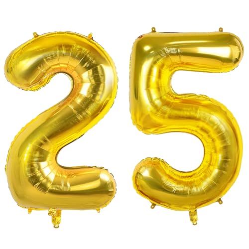 Luftballons Zahl 25 für 25 Geburtstag Party Dekorationen, 0-100 große Nr. 25 Luftballons für Sie Ihn und Tochter Sohn, 40 Zoll Goldfolie Helium Ballons für 25 Jahre alte Jubiläumsdekorationen von Joycard