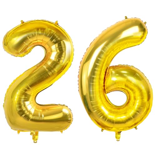 Luftballons Zahl 26 für 26 Geburtstag Party Dekorationen, 0-100 große Nr. 26 Luftballons für Frauen Männer und Sie Ihn, 40 Zoll Goldfolie Helium Ballons für 26 Jahre alte Jubiläumsdekorationen von Joycard