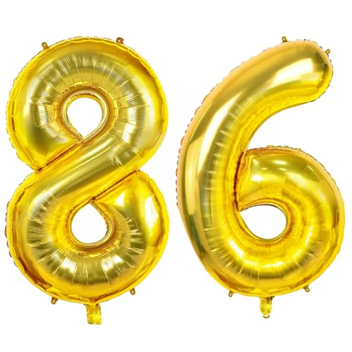 Luftballons Zahl 86 für 86 Geburtstag Party Dekorationen, 0-100 große Nr. 86 Luftballons für Frauen Männer und Opa Oma, 40 Zoll Goldfolie Helium Ballons für 86 Jahre alte Jubiläumsdekorationen von Joycard