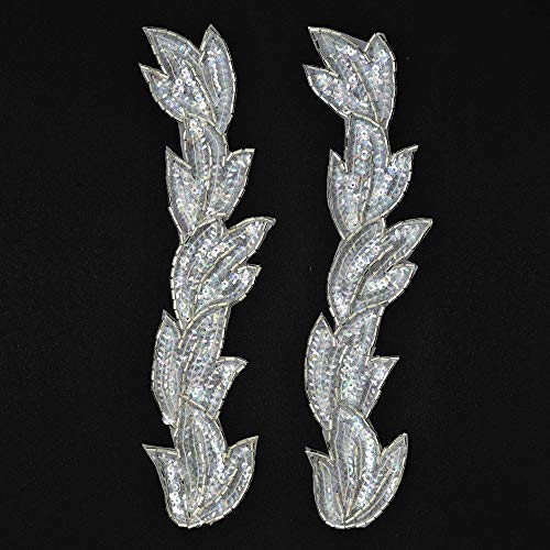 2 Stück 21,6 cm Pailletten & Perlen Blatt Applikation Patch, FF-FF511 (Crystal Iris/Silber) von Joyce Trim