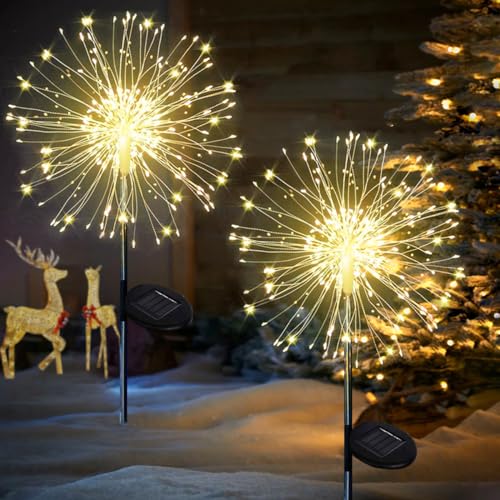 Joycome Solar Weihnachtsbeleuchtung Außen 2 Stück 120 LED Weihnachtsdeko Solarleuchten, 8 Modi Solar Feuerwerk Gartenbeleuchtung, IP65 Wasserdicht Pusteblume Gartenstecker für Balkon Blumenkasten Deko von Joycome