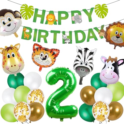 Joyeah Happy 2nd Birthday Decorastion Jungle Safari Theme Party Supplies Safari Wild Theme with Happy Birthday Banner Number 2nd Balloon Animal Balloons Party Decoration for Boys and Girls Green von Joyeah