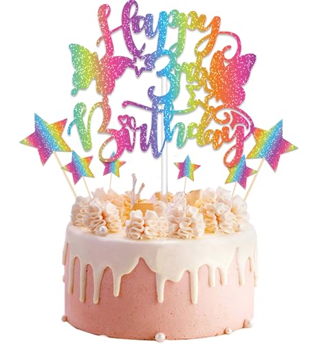 Joyeah Happy 3rd Birthday Schmetterling Kuchen Dekorationen, Schmetterling Kuchen Topper Bunte Schmetterling Kuchen Topper Schmetterling Cupcake Topper für Mädchen Geburtstag Hochzeit Party Fee von Joyeah