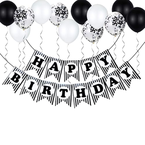 Joyeah Schwarz und Weiß Streifen Geburtstag Dekorationen für Männer Frauen, Schwarz und Weiß Party Dekorationen Jungen Mädchen mit Schwarz Happy Birthday Banner Konfetti Luftballons Party Supplies von Joyeah