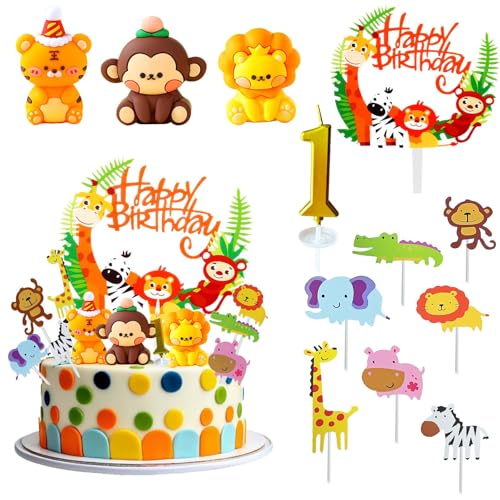 Joyek 12 Stück Tortendeko Tiere Tortendeko Dschungel Safari Tortendeko 1. Geburtstag Junge Giraffe Löwen Affe Tortendeko Junge 1 jahr Kuchendeko Geburtstag Cake Topper 1. geburtstag für Baby Kinder von Joyek