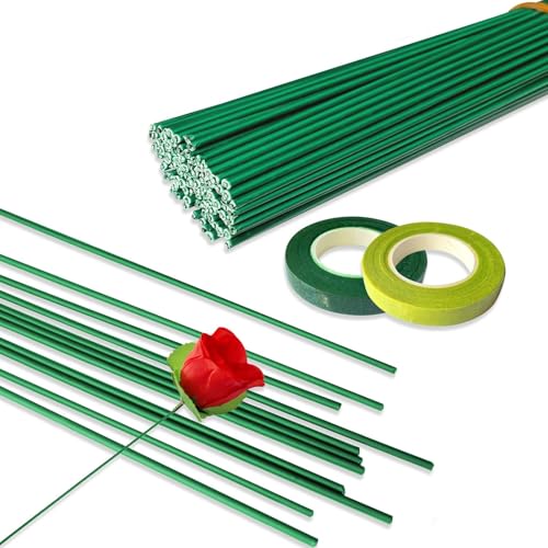 Joyek Blumendraht Grün Set 100 Stück Floristendraht & 2 Rollen Floristenband 300x2mm Steckdraht Blumenstieldraht für DIY Blumenbouquets Blumenarrangements und Handwerk von Joyek