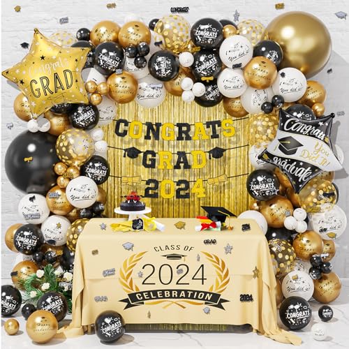 121Stück 2024 Luftballons Abschlussfeier Graduation Party Dekorations Schwarz Gold Bedruckter Luftballons Congrats Grad 2024 Flaggenziehung Grads Aluminium Ballon für Graduation Abschluss Party Deko von JoyeuVie