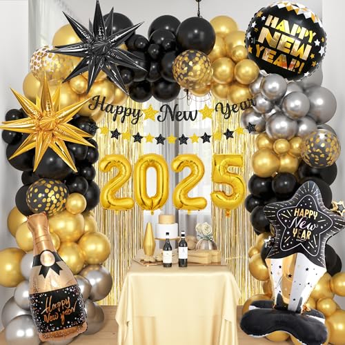 126Pcs 2025 New Year Party Dekorationen Schwarz Gold Luftballon 58''Folie Ballon 2025 Zahl Glückliches Neues Jahr Banner Champagner Ballons Fringe Backdrop für Silvester Party Deko von JoyeuVie