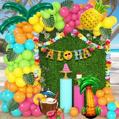 148Stück Tropische Hawaii Luftballon Girlande Deko Sommer Heißrosa Grün Latexballon Kinderpartydeko ALOHA Fahne Kokospalme Blatt Ananas Ballon Geburtstag Strand Outdoor Luau Party Supplies von JoyeuVie