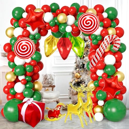 158Pcs Weihnachts Luftballons Girlande Kit Rot Grün Weiß Luftballons Süßigkeiten Cane Geschenkbox Stern Glühbirne Elch Schlitten Folie Luftballons für Weihnachten Neujahr Weihnachtsfeier Dekorationen von JoyeuVie