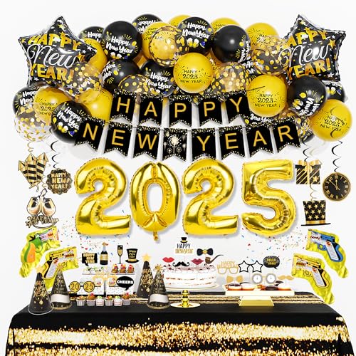 2025 Silvester New Year Party Dekorationen Neujahr Silvesterdeko Schwarz Gold Konfetti Luftballons Neujahrshut Bandluftpistole Kinder für 2025 New Year Party Silvesterparty von JoyeuVie