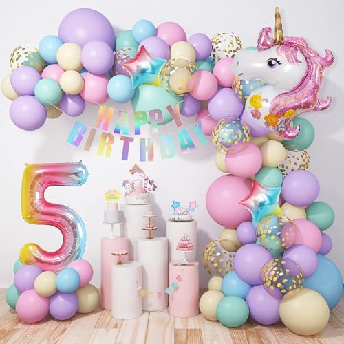 5 Einhorn Luftballons Girlande Kit 120Stück Geburtstags Party Deko für Junge Mädchen Macaron 6 Einhorn Foil Ballons Macaron Pastel Confetti Latexballons für Geburtstagsdekoration von JoyeuVie