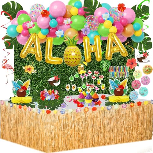 Hawaii Tropische Luau Party Deko 151Pcs Tropischer Sommer Strand Geburtstags Gras Tischrock Hängende Wirbel Luftballon Girlande Honigwaben Mittelstück Hibiskus Palmenblätter CakeTopper von JoyeuVie