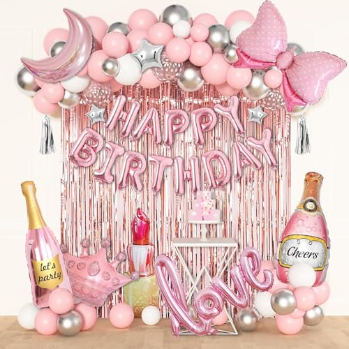 Rosa Silbrig Luftballon Girlande Kit Mädchen Geburtstag Party Dekoration Rosa Bogen Krone Lippenstift Love Happy Birthday Folien Luftballon für Mädchen Baby Shower Hochzeit Party Deko von JoyeuVie