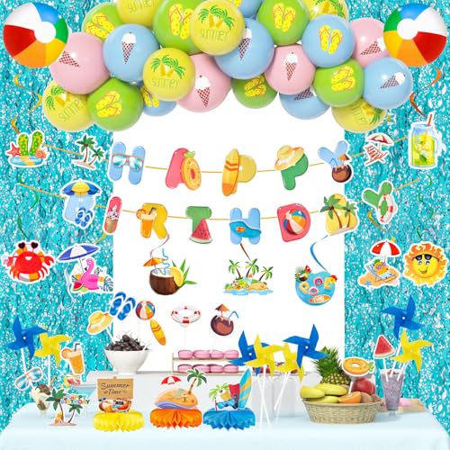 Sommer Blau Geburtstag Deko Tropische Beach Ballon Party Supplies 59Stück Blau Gelb Grün Luftballon Windmühlen Blau Fransen Vorhänge HAPPY BIRTHDAY Banner Strandball Hawaii Pool Spiralen Waben Deko von JoyeuVie